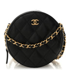 Lambskin Quilted Round Clutch With Chain Black