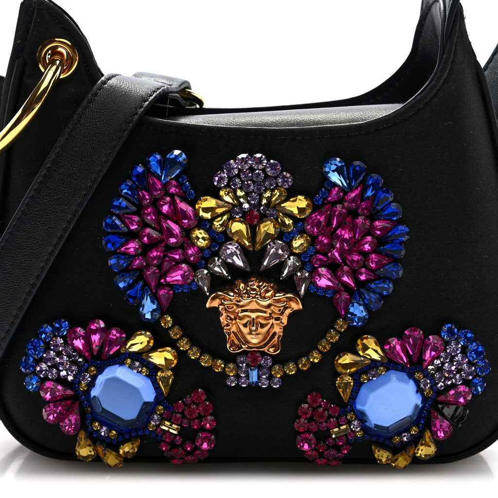 Satin Crystal Embellished La Medusa Mini Hobo Bag Black Multicolor