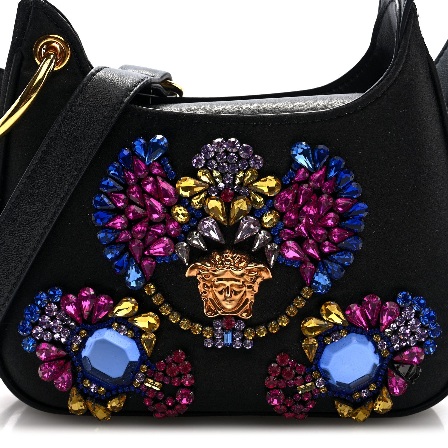 Satin Crystal Embellished La Medusa Mini Hobo Bag Black Multicolor