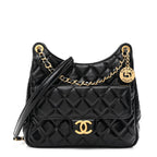 Shiny Crumpled Calfskin Quilted Wavy CC Hobo Black