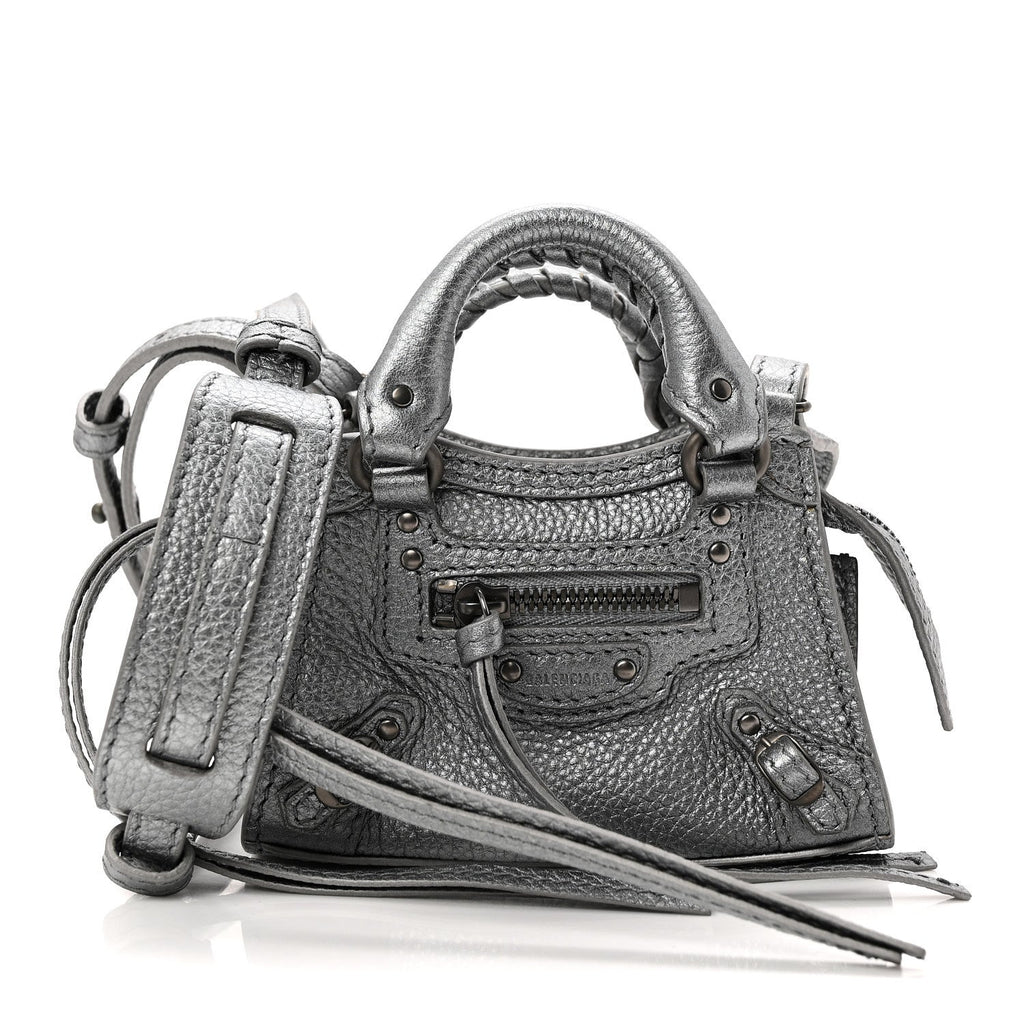 Metallic Grained Calfskin Neo Classic Hardware Super Nano City Crossbody Silver