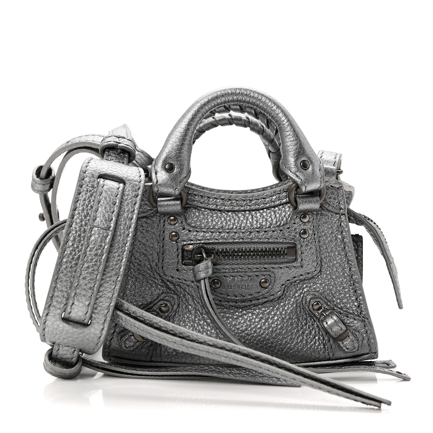 Metallic Grained Calfskin Neo Classic Hardware Super Nano City Crossbody Silver