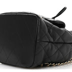 Lambskin Quilted Double Pocket Drawstring Backpack Black
