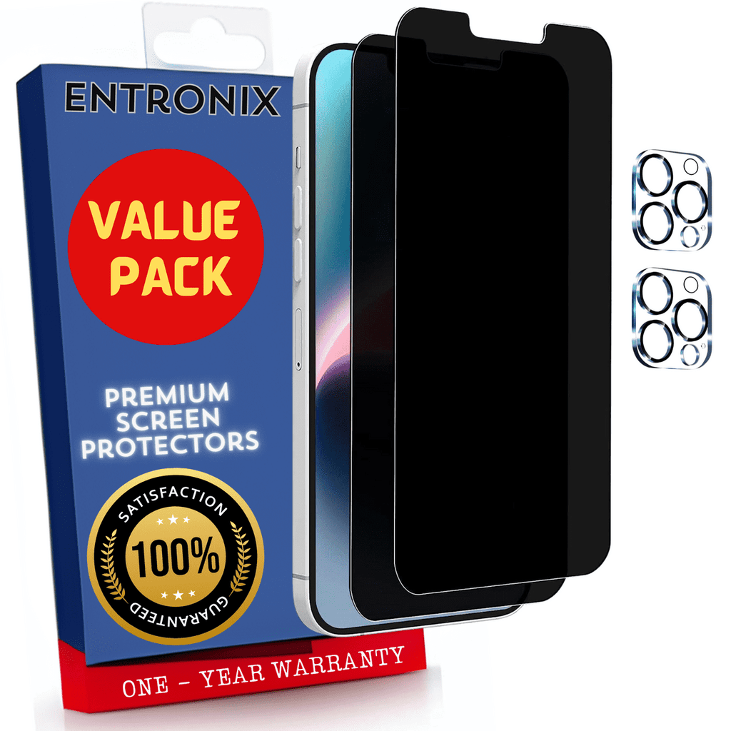 Entronix Anti-Spy Privacy Screen Protector & Camera Lens Protector Compatible with iPhone 13 Pro Max - 4-Piece Combo