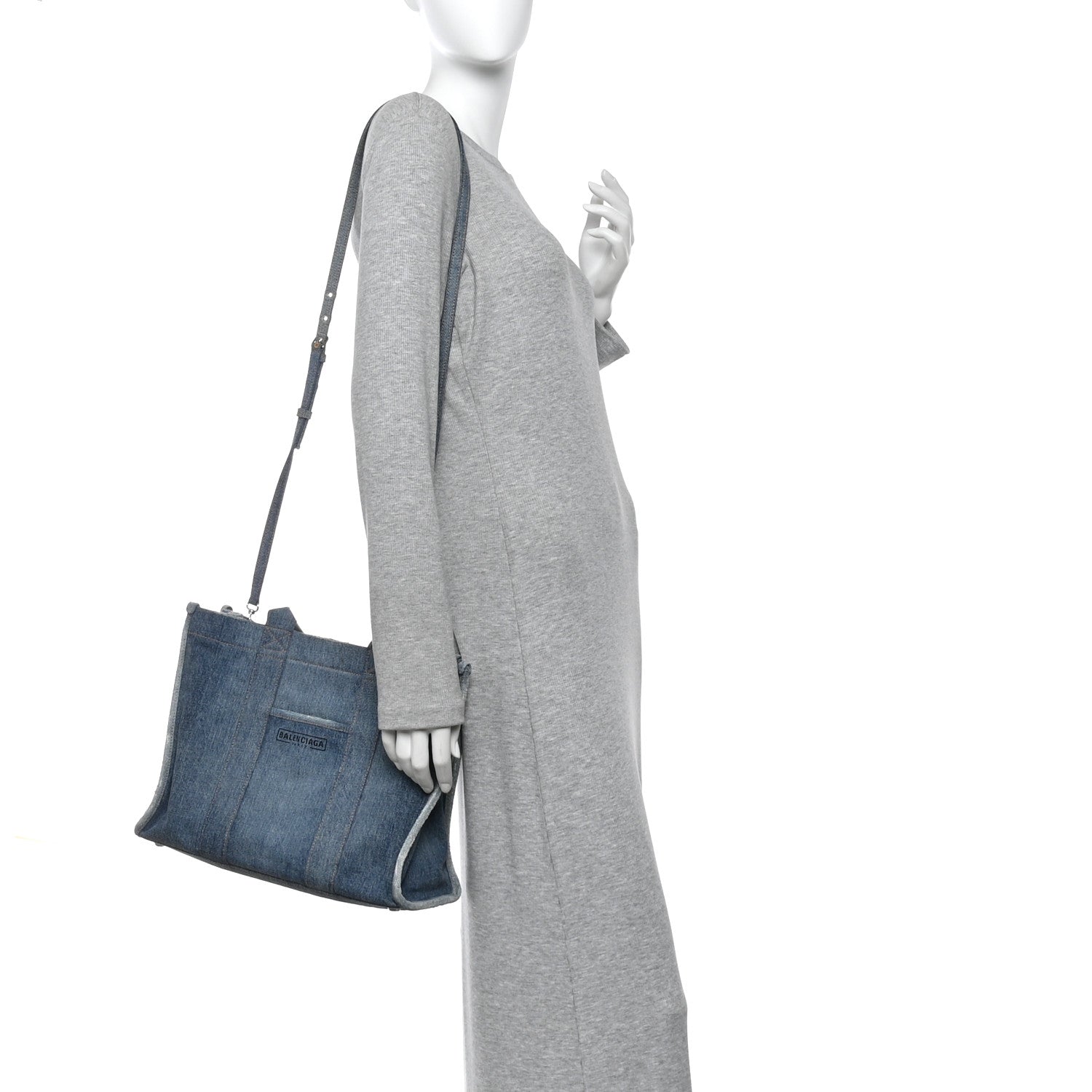Washed Frayed Denim Logo Medium Hardware Tote Blue