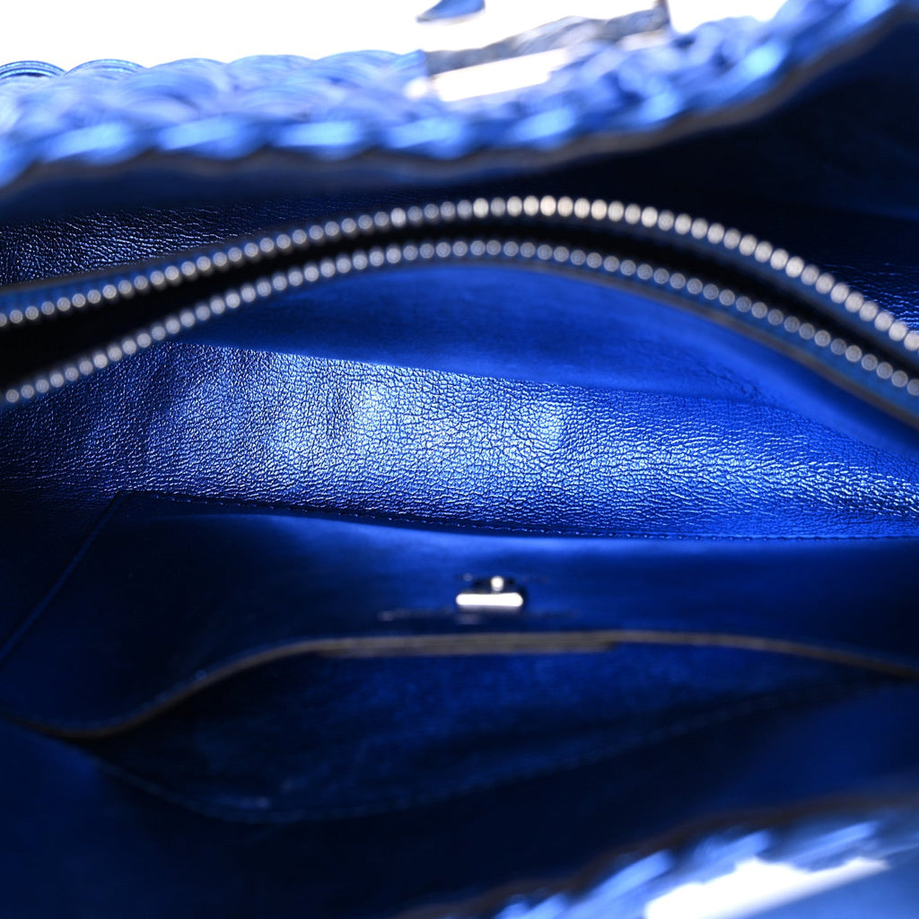 Metallic Woven Calfskin Trifolio Shoulder Bag Bluette