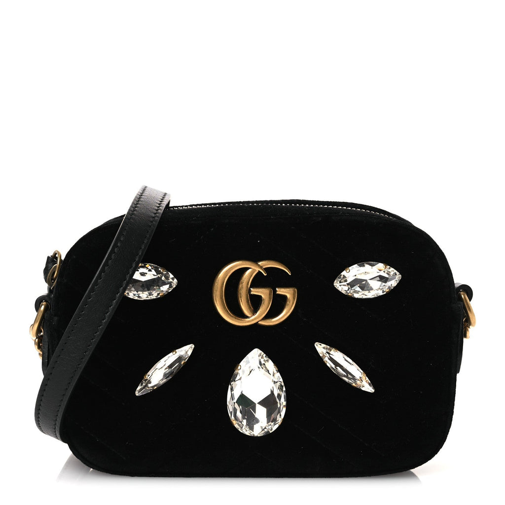 Velvet Matelasse Marquise Crystals Mini GG Marmont Chain Shoulder Bag Black