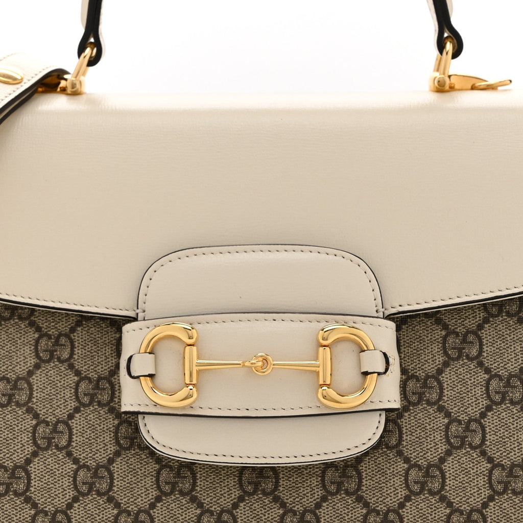 GG Supreme Monogram Calfskin Medium Horsebit 1955 Top Handle Bag Beige Ebony Mystic White