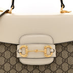 GG Supreme Monogram Calfskin Medium Horsebit 1955 Top Handle Bag Beige Ebony Mystic White