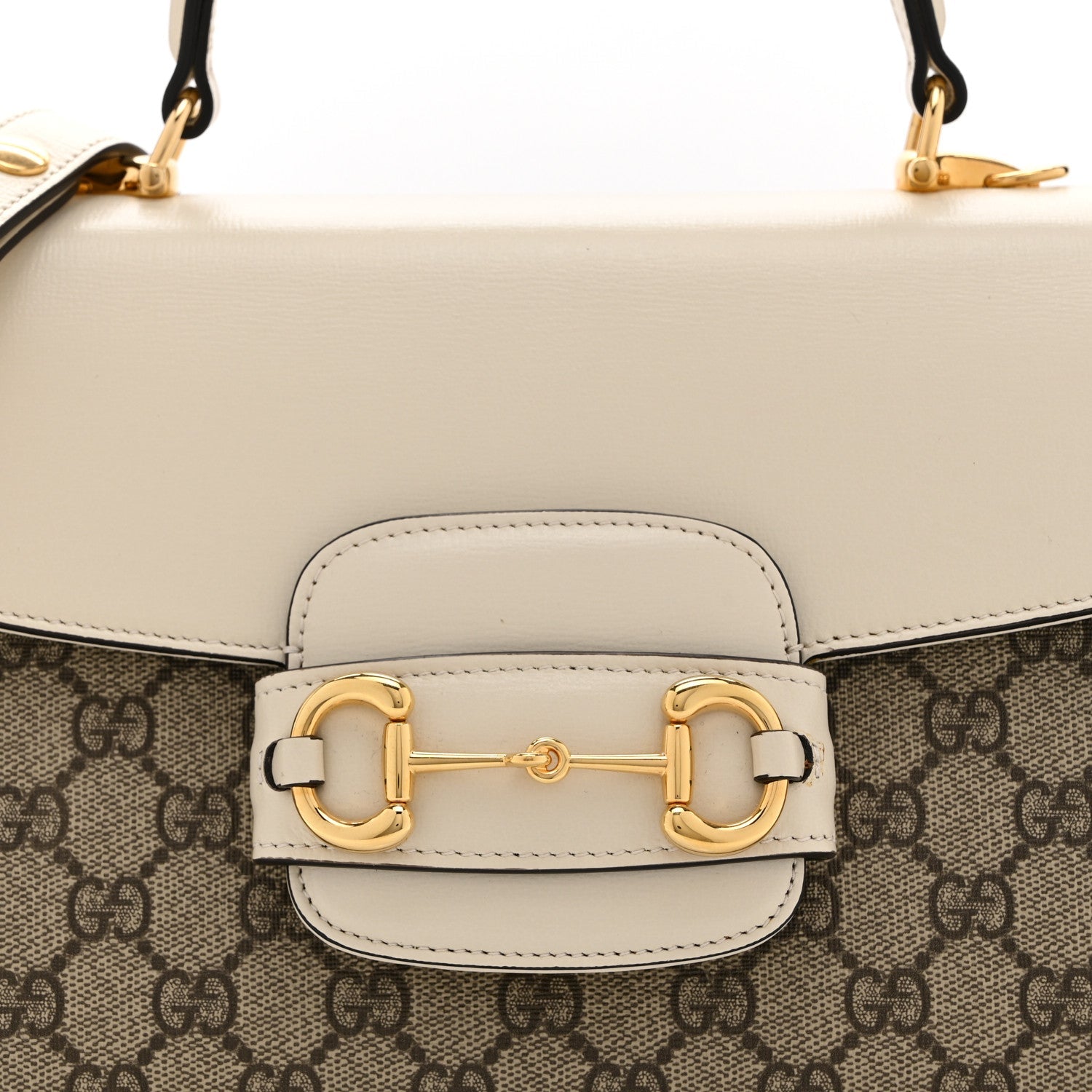 GG Supreme Monogram Calfskin Medium Horsebit 1955 Top Handle Bag Beige Ebony Mystic White