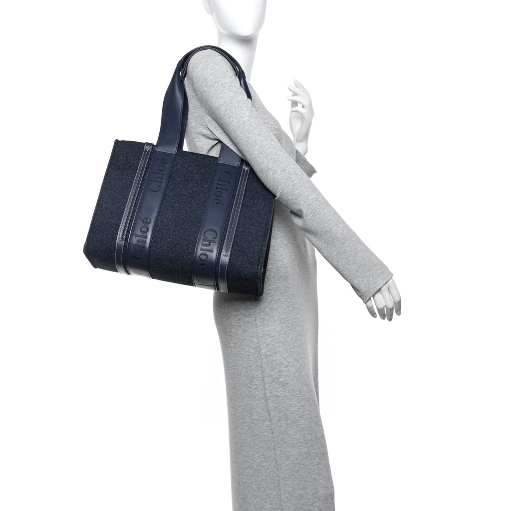 Felt Shiny Calfskin Medium Woody Ribbon Tote Obscure Navy