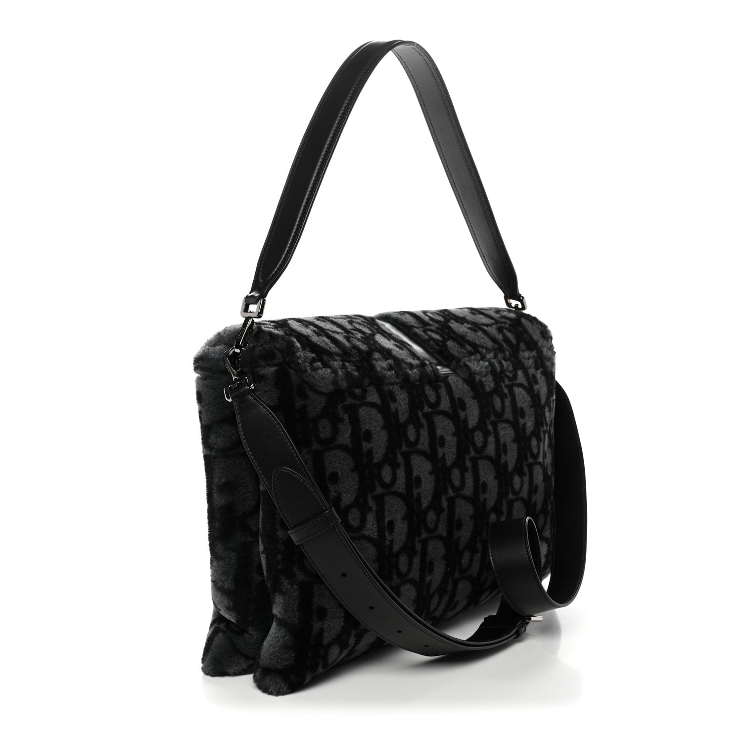 Oblique Mink Fur Saddle Soft Bag Dark Grey