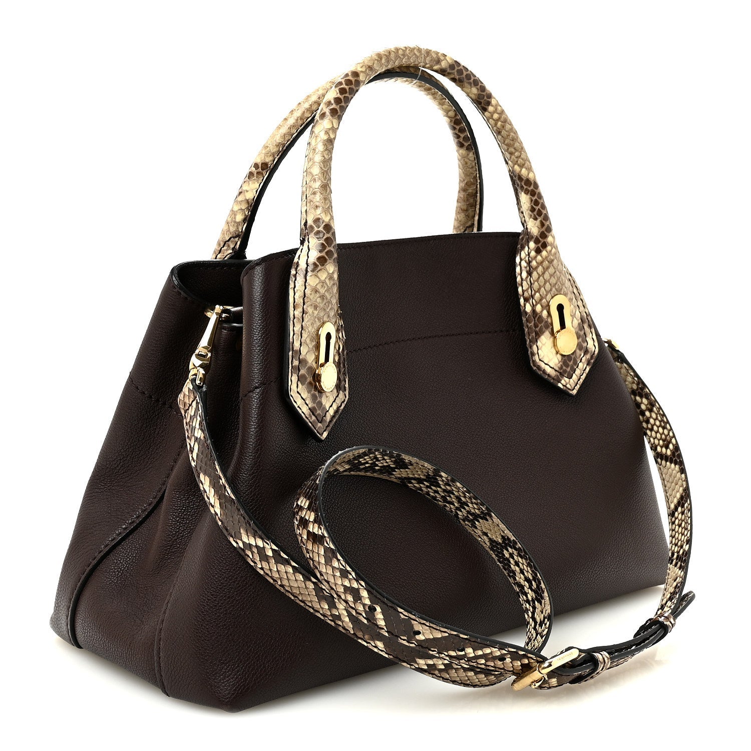 Grainy Calfskin Snakeskin Small Milton Satchel  Brown Natural