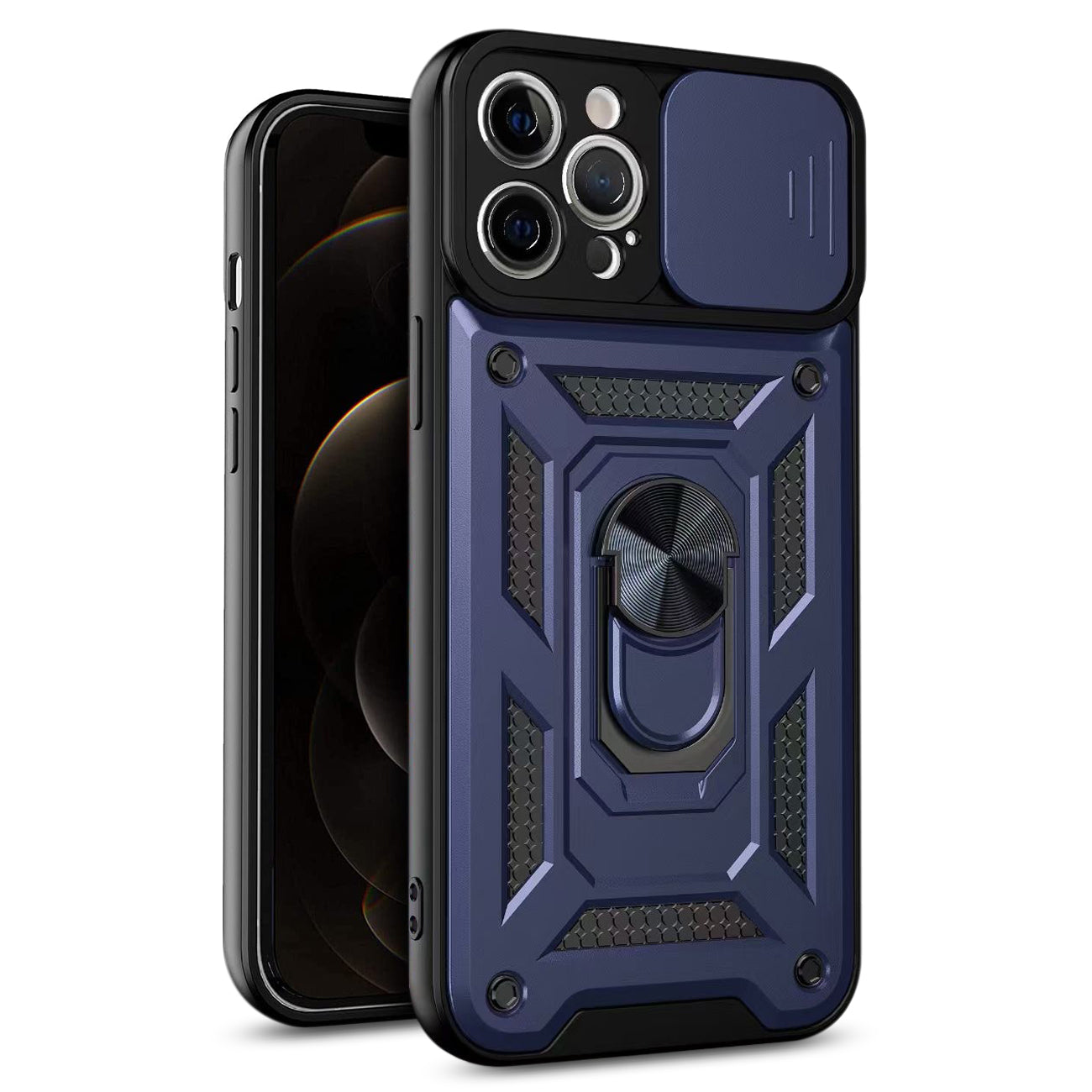 Kickstand Ring Holder With Slide Camera Cover Tpu Shockproof Case And Magnetic Car Mount For Apple Iphone 12 Pro Max In Blue