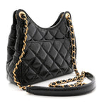 Shiny Crumpled Calfskin Quilted Small Wavy CC Hobo Black