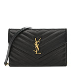 Grain De Poudre Matelasse Chevron Monogram Envelope Chain Wallet Black