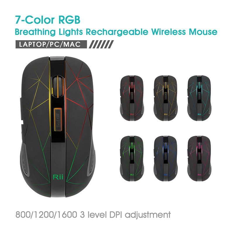 RM200 Wireless Mouse,2.4G Wireless Mouse 5 Buttons Rechargeable Mobile Optical Mouse with USB Nano Receiver,3 Adjustable DPI Levels,Colorful LED Lights for Notebook,PC,Computer-Black