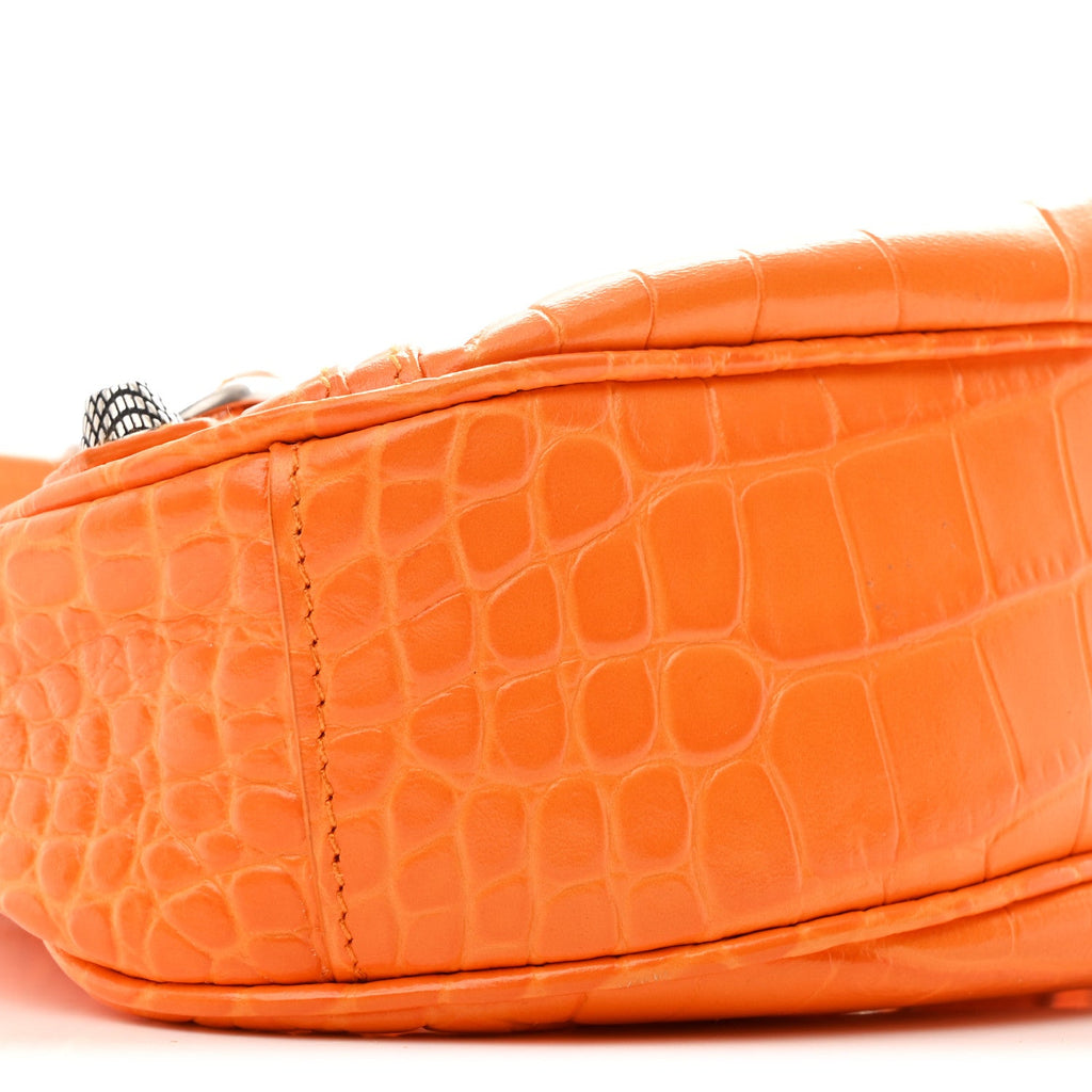 Extra Supple Calfskin Crocodile Embossed Le Cagole Shoulder Bag XS Pop Orange