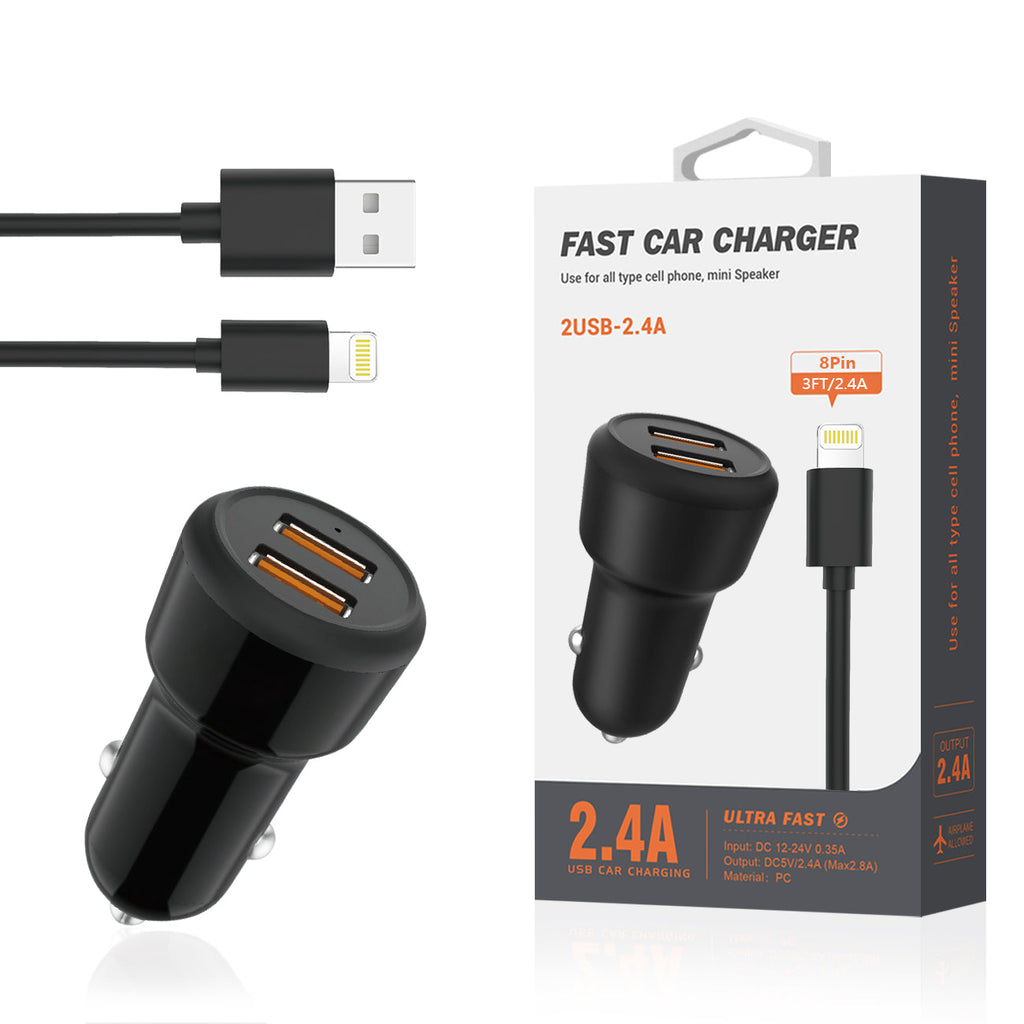 Reiko 8 Pin Portable Car Charger With Built In 3 Ft Cable In Black
