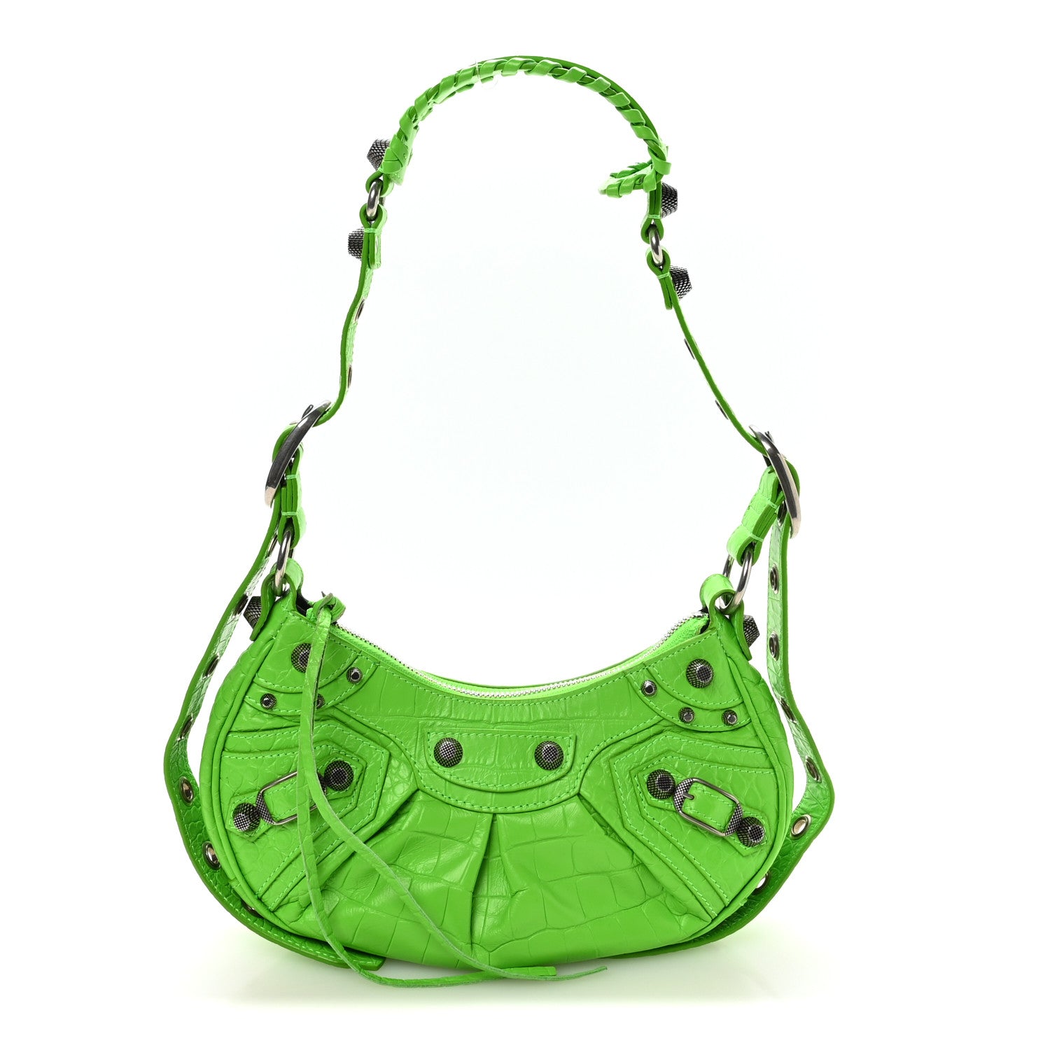 Extra Supple Calfskin Crocodile Embossed Le Cagole Shoulder Bag XS Acid Green