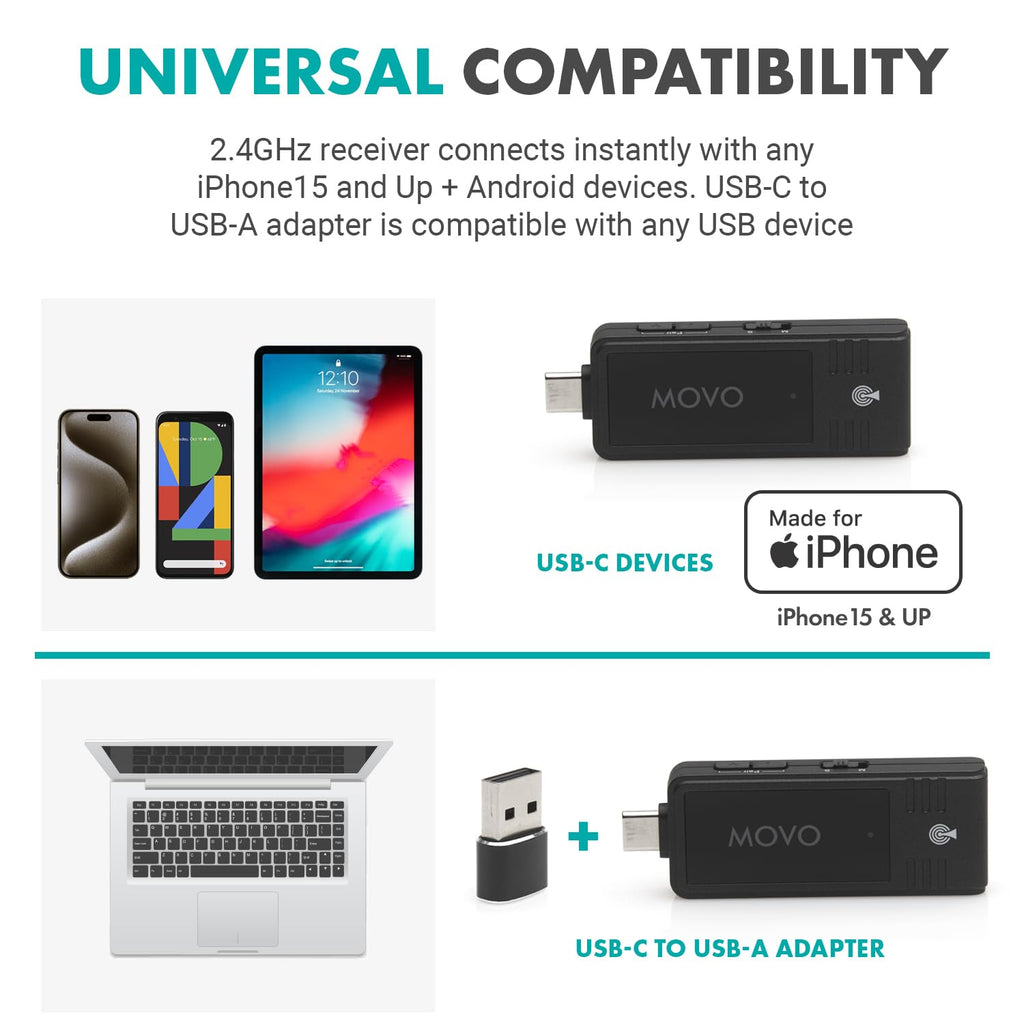 Movo Wireless USB-C Microphone System for Android and iPhone 15 and Up