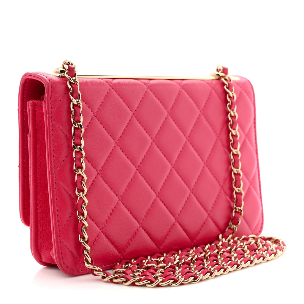 Lambskin Quilted Trendy CC Wallet On Chain WOC Dark Pink