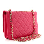 Lambskin Quilted Trendy CC Wallet On Chain WOC Dark Pink
