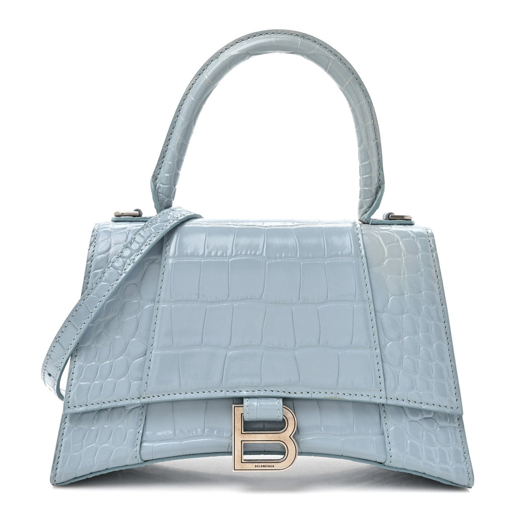 Shiny Calfskin Crocodile Embossed Small Hourglass Top Handle Bag Blue Grey
