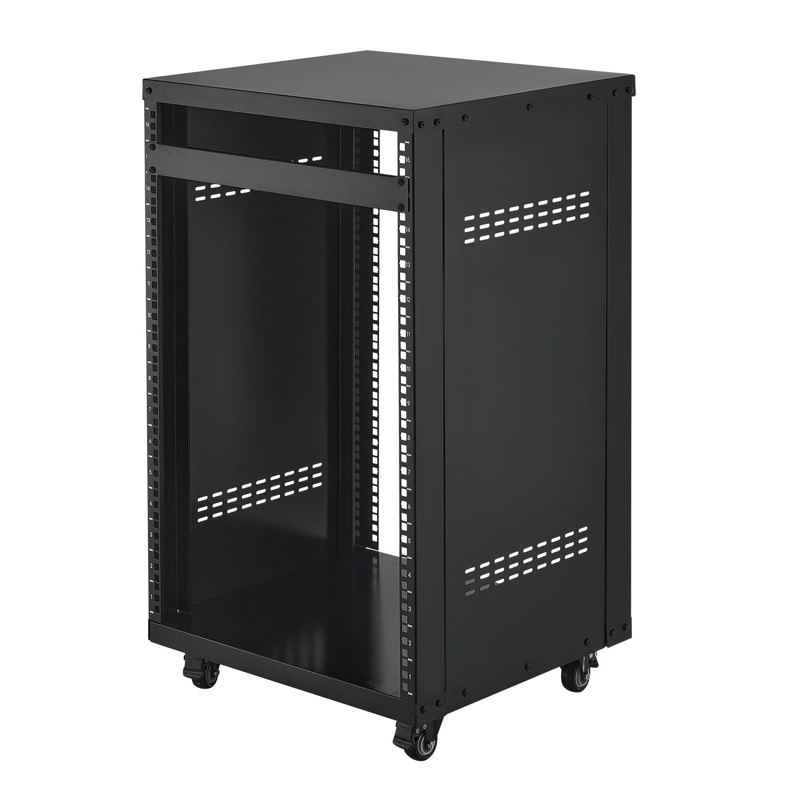 16U AV Rack, 200 lbs Max Capacity, Home Recording Studio Rack with Lockable Caster Wheels, Open Frame Server Cabinet, Special Vent Design, for 19-Inch Audio Video Musical & IT Equipment Mounting