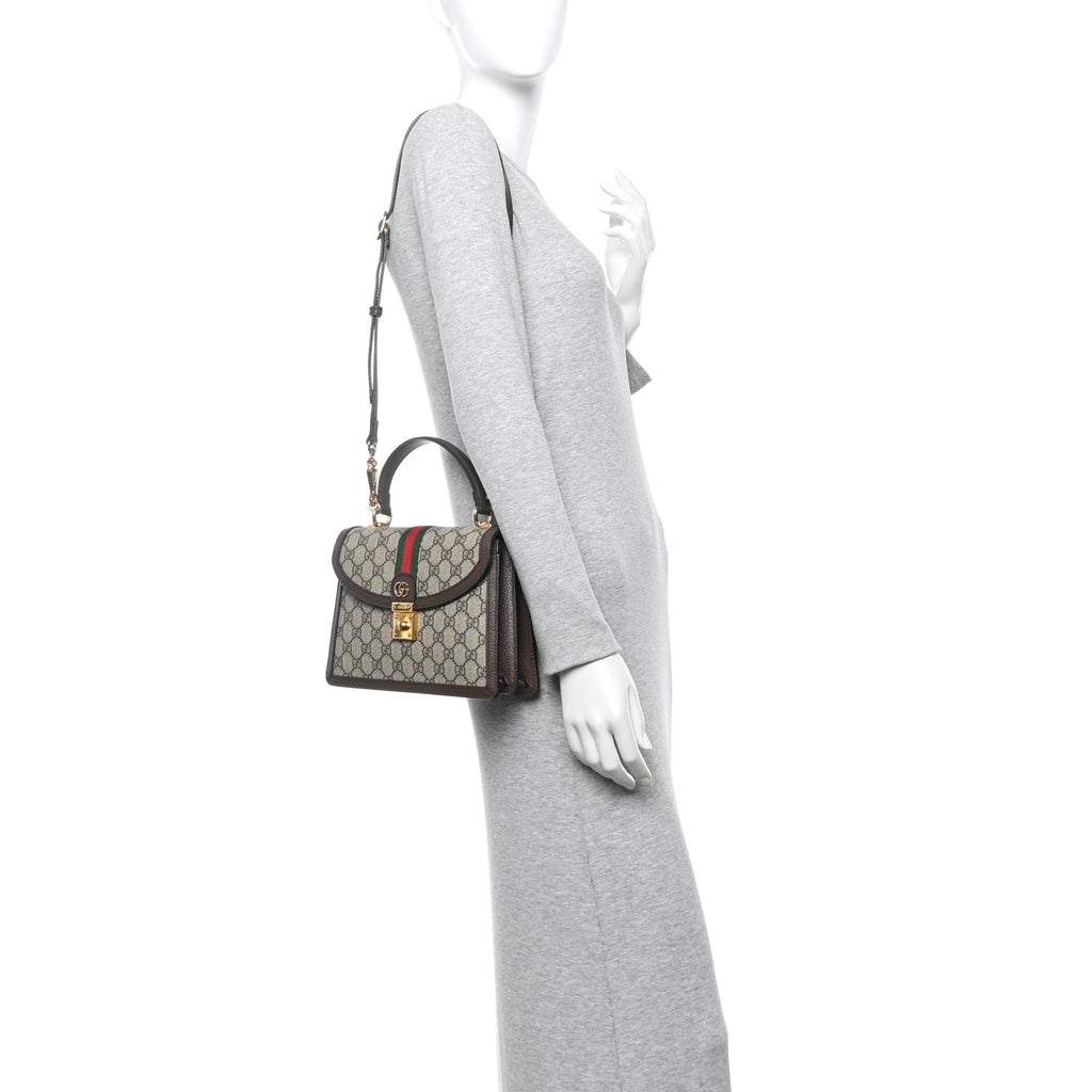 GG Supreme Monogram Textured Dollar Calfskin Web Small Ophidia Padlock Top Handle Bag Beige Ebony New Acero