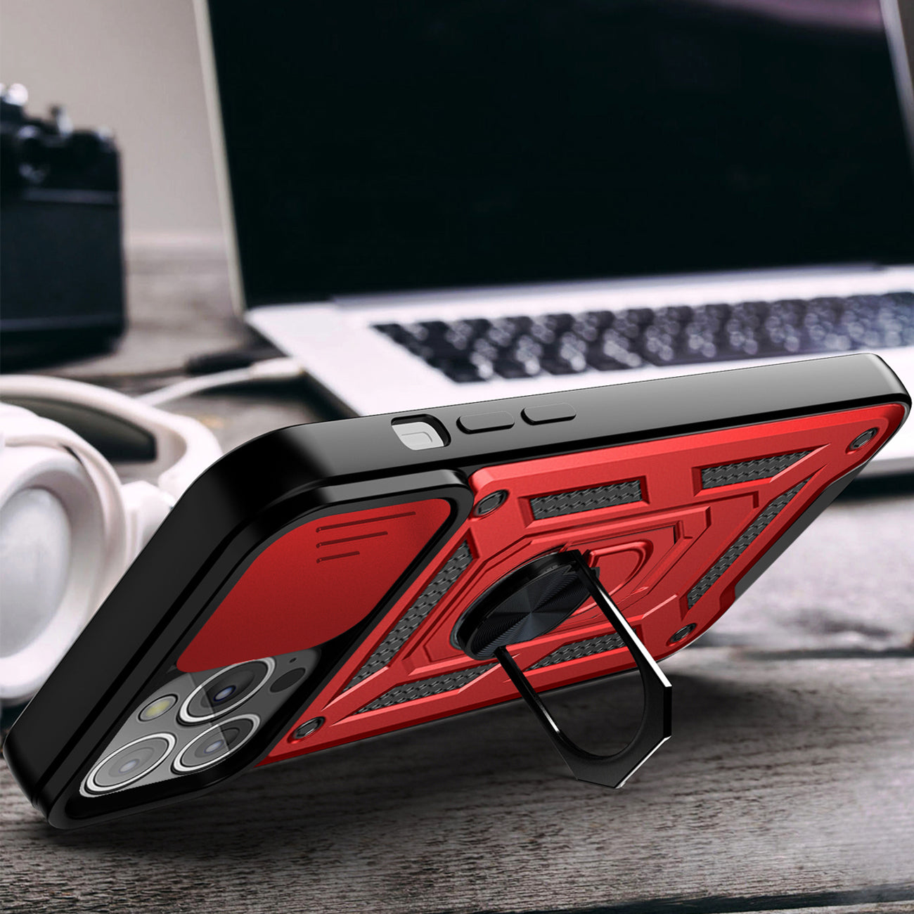 Kickstand Ring Holder With Slide Camera Cover Tpu Magnetic Car Mount For Apple Iphone 13  Pro In Red