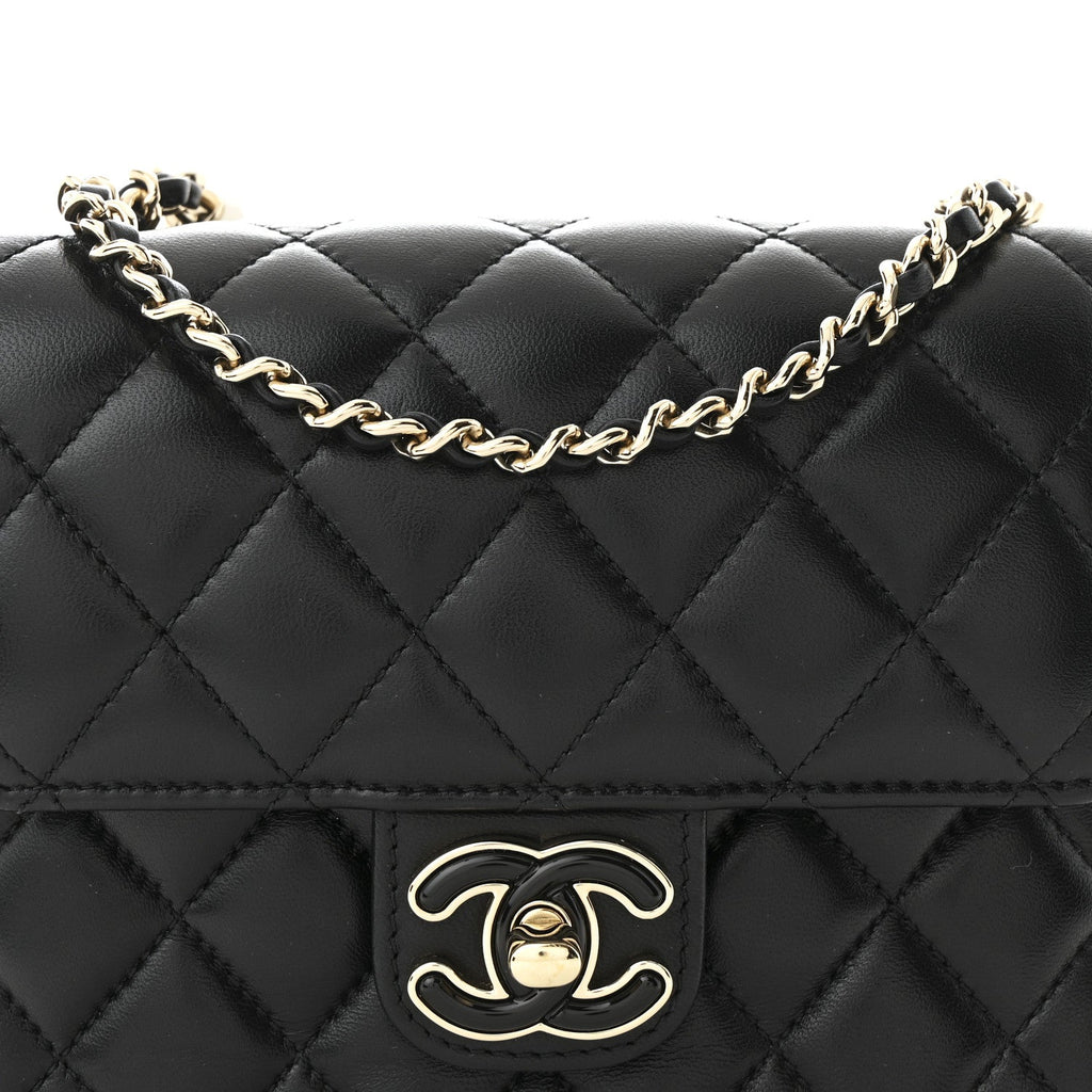 Lambskin Resin Quilted Mini Heart Square Flap Black
