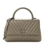 Metallic Caviar Chevron Quilted Small Coco Handle Flap Light Gold