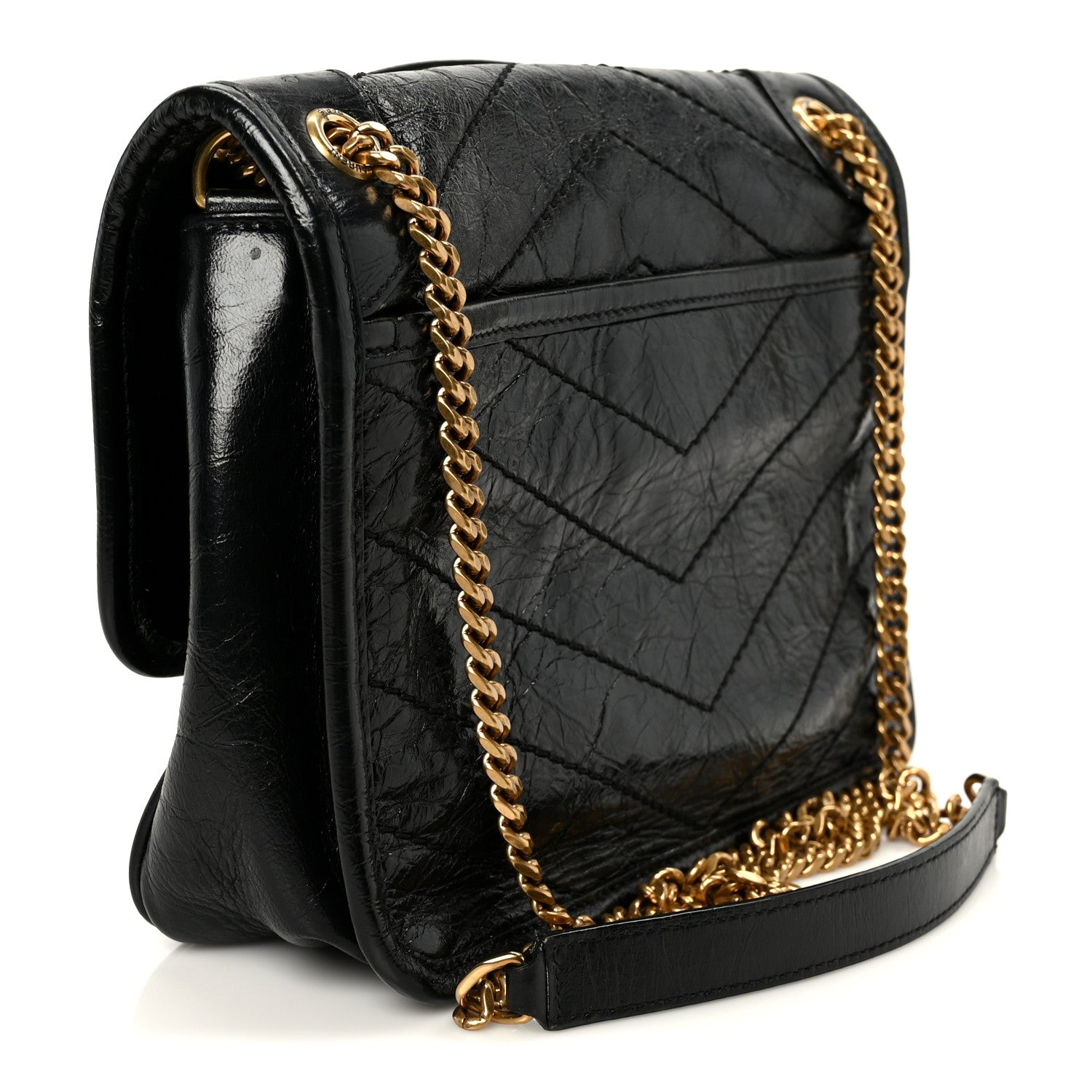 Crinkled Calfskin Matelasse Monogram Baby Niki Chain Satchel Black
