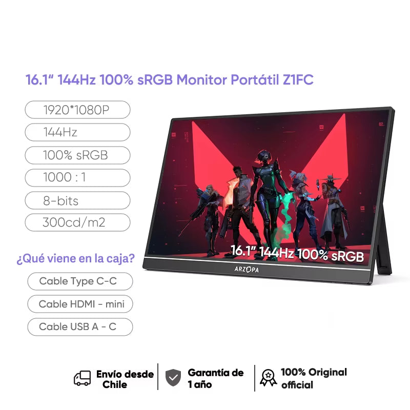 16.1" 144Hz Portable Gaming Monitor - 100% sRGB 1080P FHD HDR External Display for Switch, Xbox, PS5, Laptop, and PC