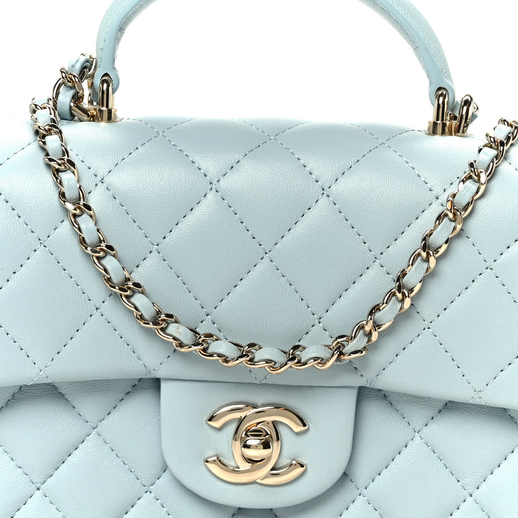 Lambskin Quilted Mini Top Handle Rectangular Flap Light Blue