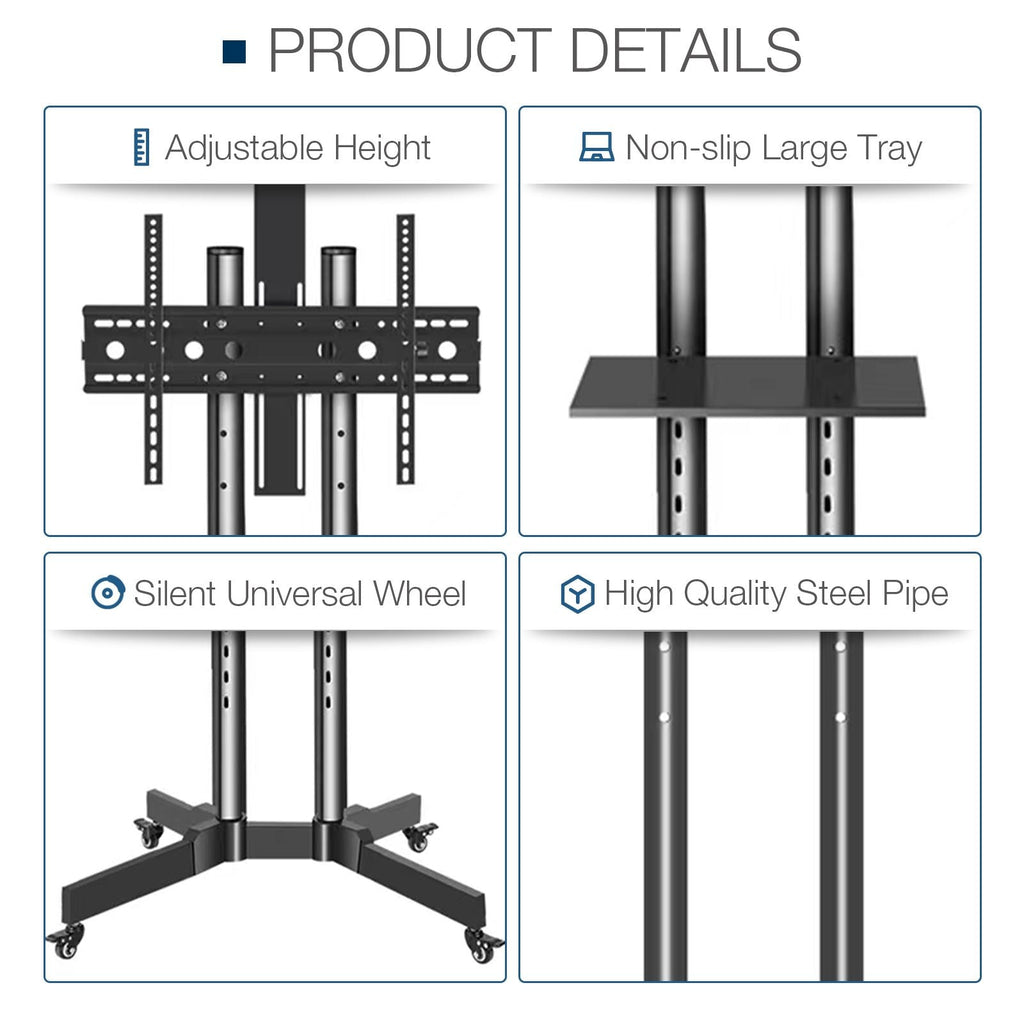 Mobile TV Stand on Wheels, 32-65 Inch TV Cart up to 132lbs with Adjustable Laptop Shelf and Top Tray for Flat Panel Curved Screen Rolling Floor TV Stand Max VESA 600*400mm