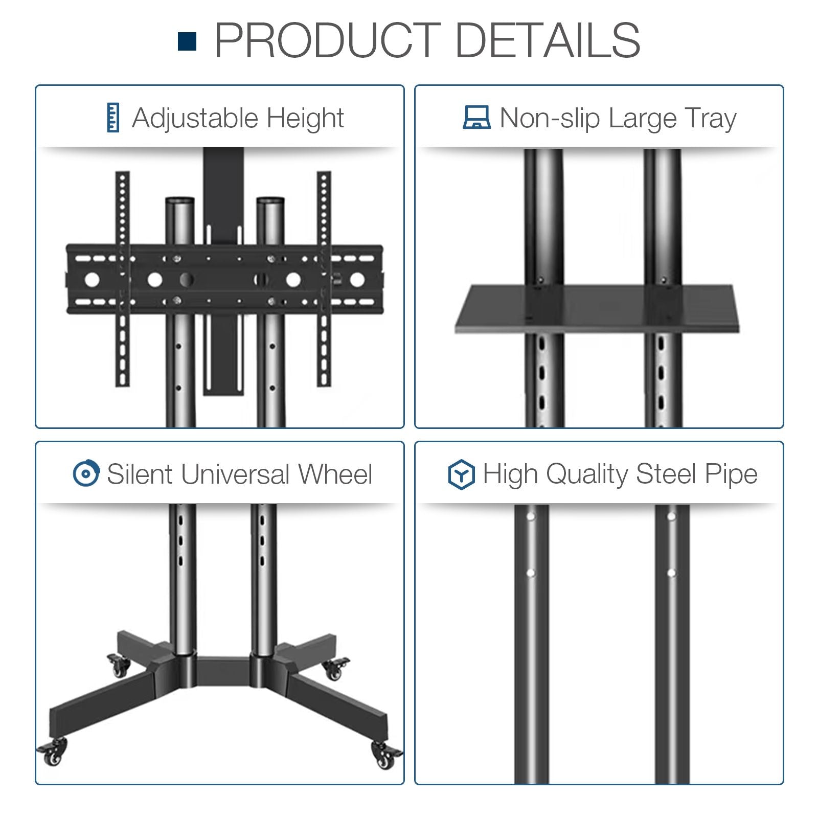 Mobile TV Stand on Wheels, 32-65 Inch TV Cart up to 132lbs with Adjustable Laptop Shelf and Top Tray for Flat Panel Curved Screen Rolling Floor TV Stand Max VESA 600*400mm