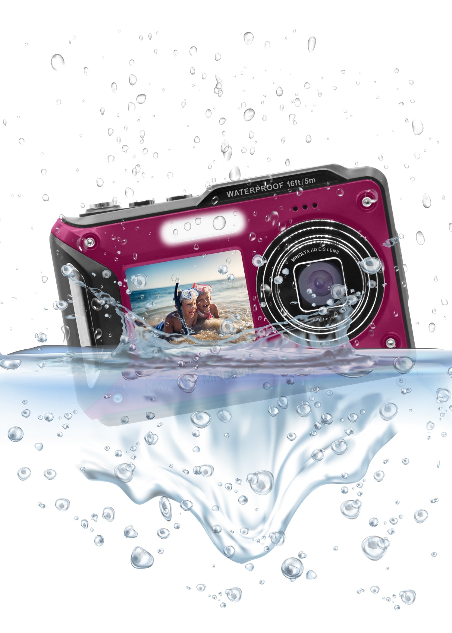 MINOLTA MN60WP 48 MP / 4K Ultra HD Waterproof Camera w/WiFi & Dual LCD (Magenta)