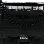 Shiny Calfskin Monochrome Crocodile Embossed Hourglass Chain Bag Black