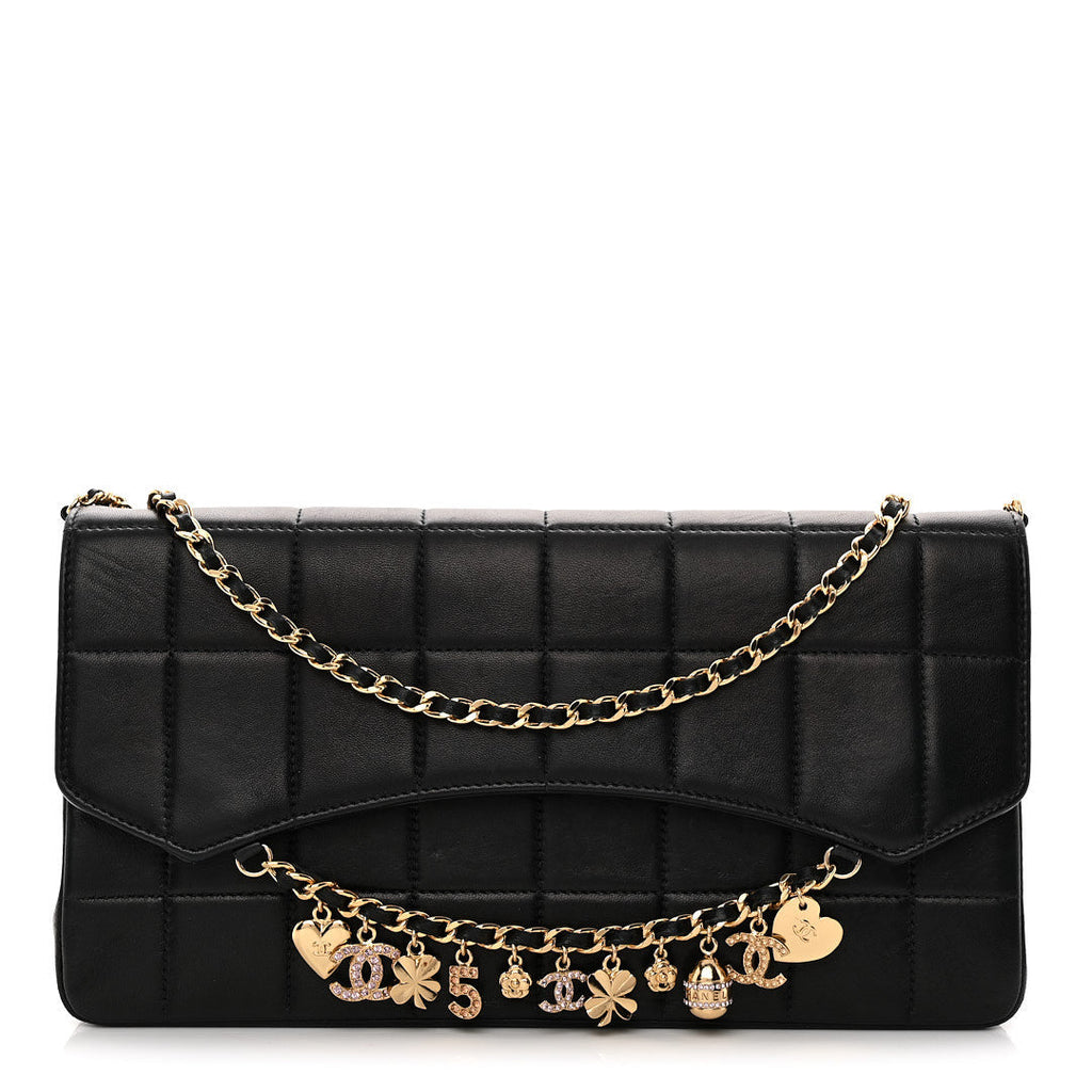 Lambskin Quilted Crystal Chocolate Bar Charm Flap Black