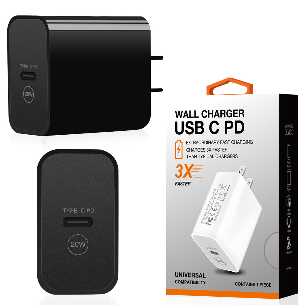 20W Power Delivery Travel Wall Charger Adapter With Type-C Port In Black