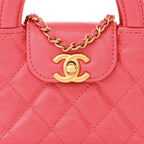 Shiny Aged Calfskin Quilted Mini Nano Kelly Shopper Dark Pink