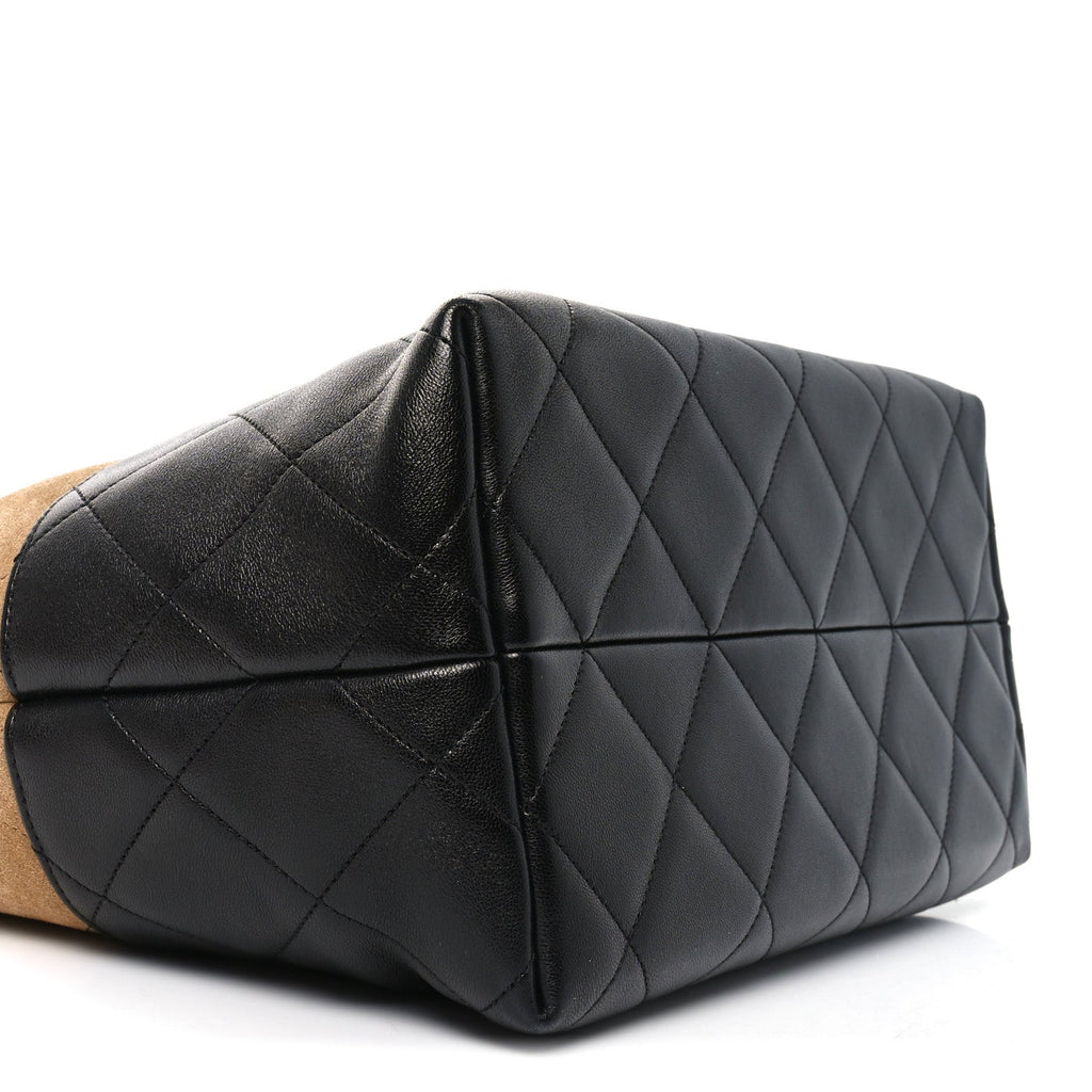 Suede Calfskin Shiny Lambskin Quilted Large Coco Base Shopping Bag Beige Black