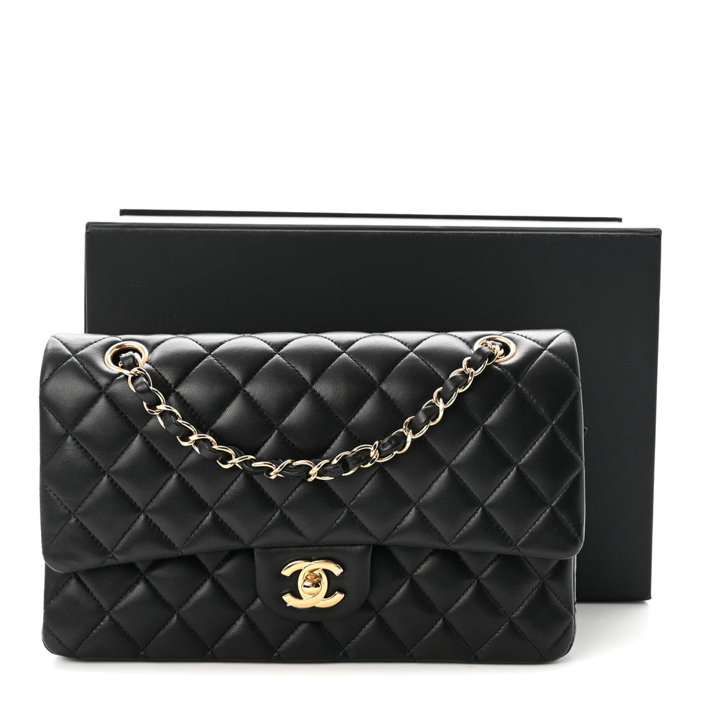 Lambskin Quilted Medium Double Flap Black