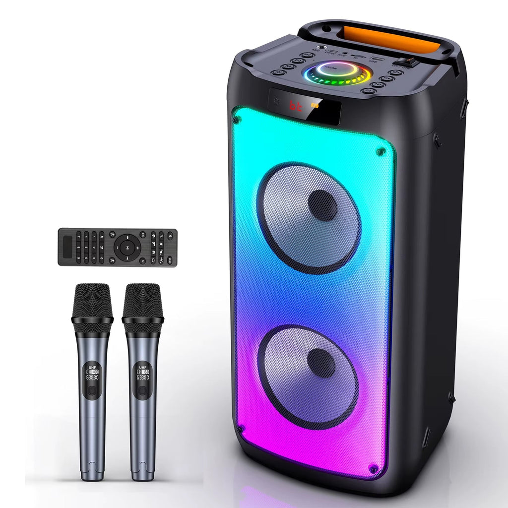 Professional Wireless Bluetooth Speaker and Karaoke System with Dual Microphones, LED Party Lights, and Remote Control