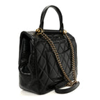 Glazed Calfskin Quilted Large Gold Bar Top Handle Flap Black