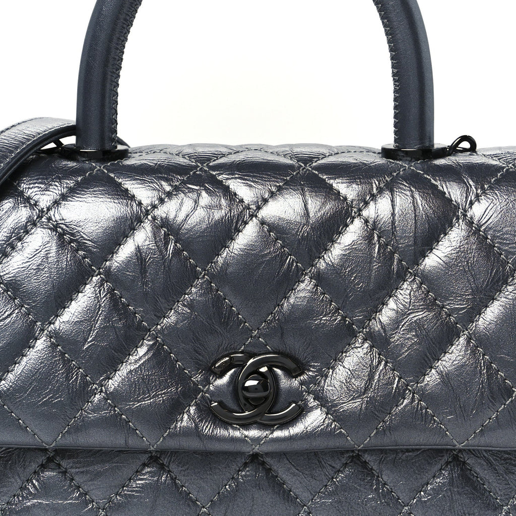 Metallic Aged Calfskin Quilted Mini Coco Handle Flap Charcoal