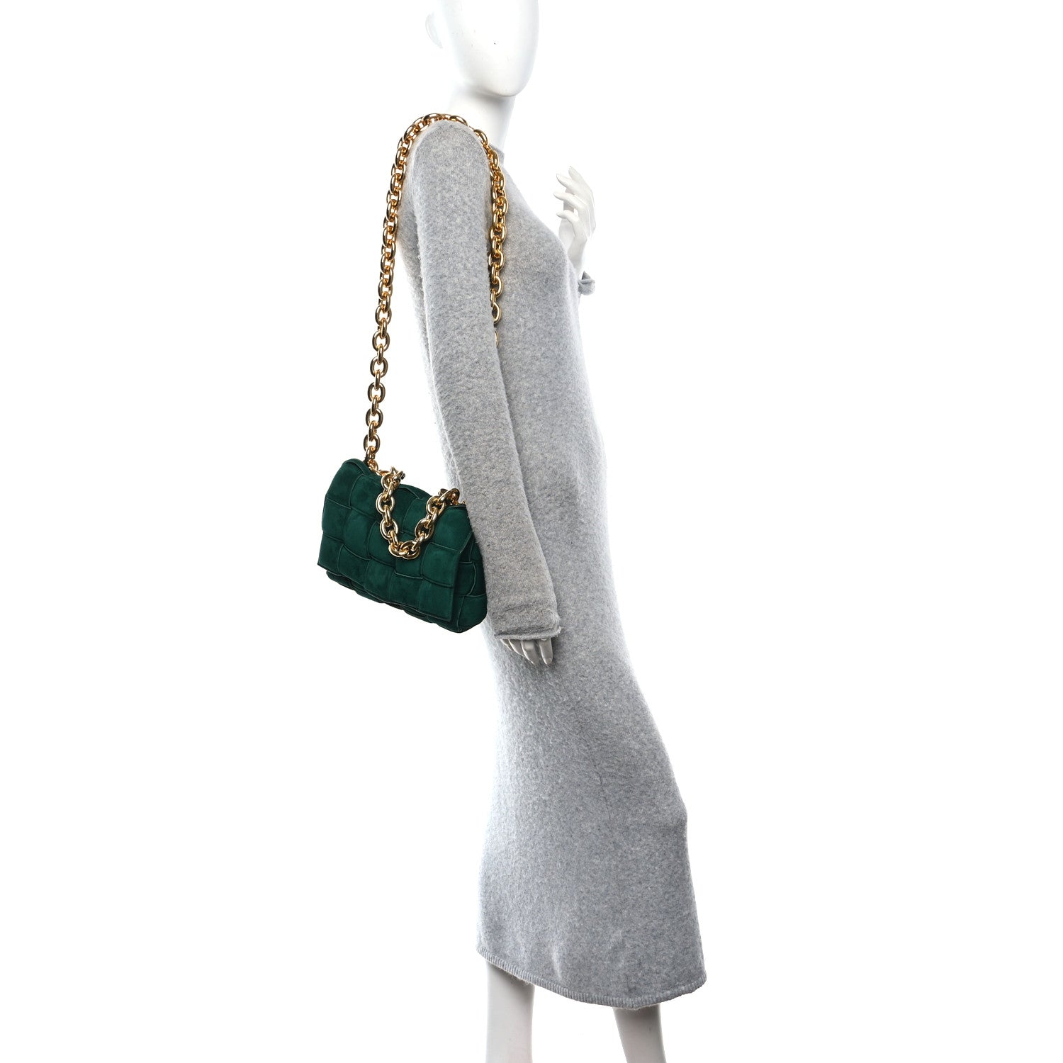 Suede Maxi Intrecciato Padded Chain Cassette Crossbody Bag Emerald Green