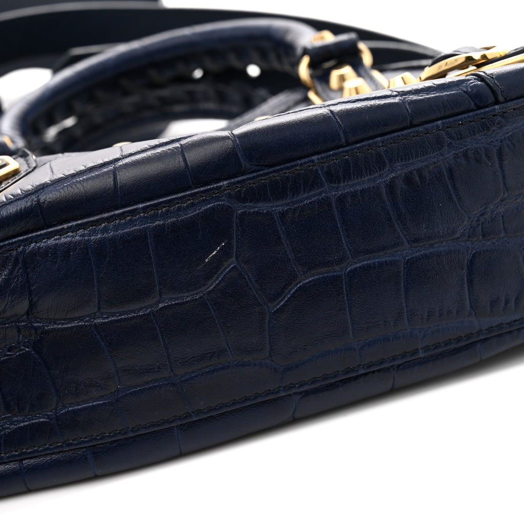 Calfskin Crocodile Embossed Gold Metallic Edge Hardware Mini City Bleu